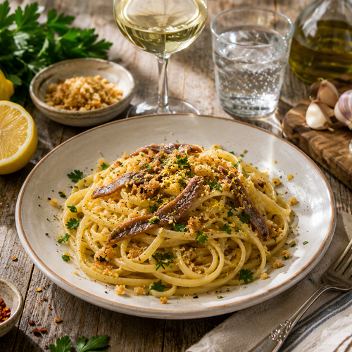 Linguine con Acciughe e Briciole al Profumo di Limone