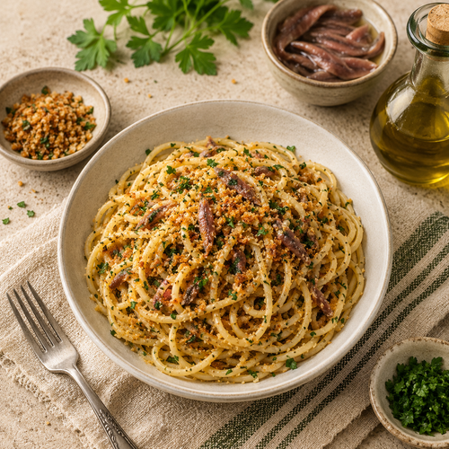 Pasta c'Anciuova e Muddica Atturrata