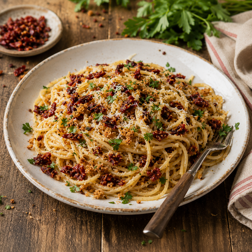 Pasta con mollica e peperoni cruschi