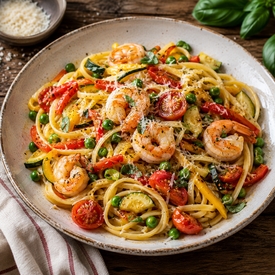 Pasta Primavera con Gamberi